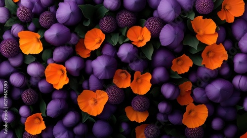 Vibrant arrangement of orange and purple flowers creates stunnin photo