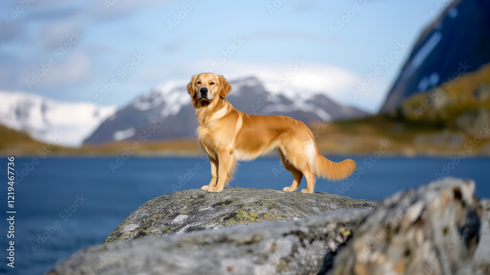 Golden retriever standing proudly on a rock by a pristine mountain lake, enjoying the breathtaking scenery Golden retriever standing proudly on a rock by a pristine mountain lake, enjoying the breathtaking scenery