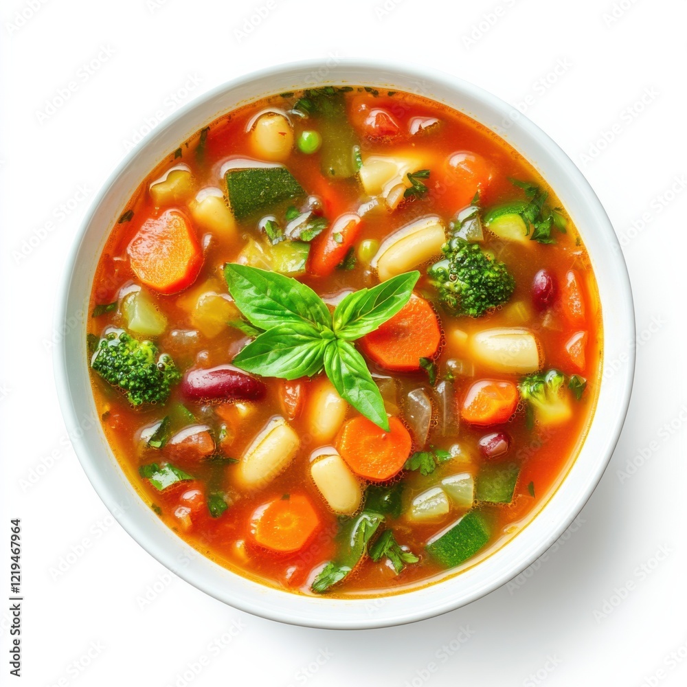 A hearty bowl of vegetable minestrone soup, isolated white background, hyperrealism art style A hearty bowl of vegetable minestrone soup, isolated white background, hyperrealism art style