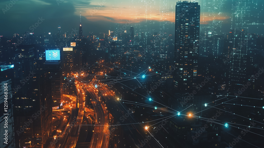 Fototapeta premium Smart digital Innovation city with connection network reciprocity over the twilight cityscape. of future smart wireless digital city and social media networking systems that connects people with city