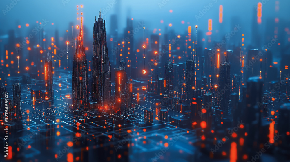 Fototapeta premium Smart digital Innovation city with connection network reciprocity over the twilight cityscape. of future smart wireless digital city and social media networking systems that connects people with city 