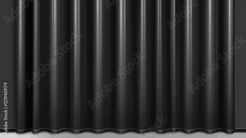 Close-up texture of industrial warehouse plastic PVC black curtain hanging indoors. Background for banner, vector illustration. Background or texture for 3D mapping.