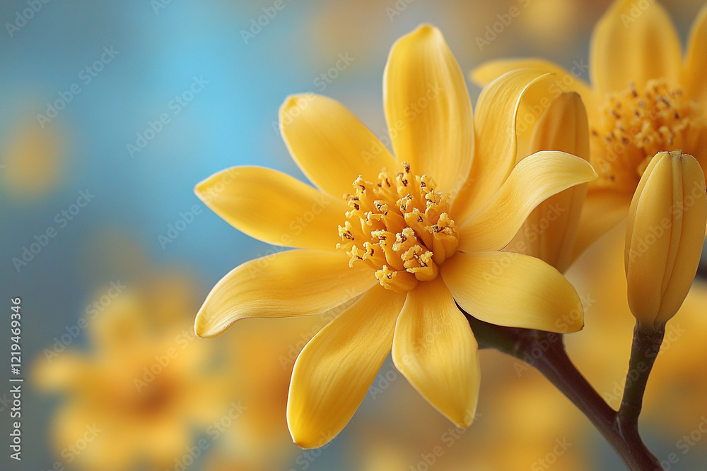 Obraz premium A Single Yellow Flower Blooms Brightly Against A Soft Blue Background
