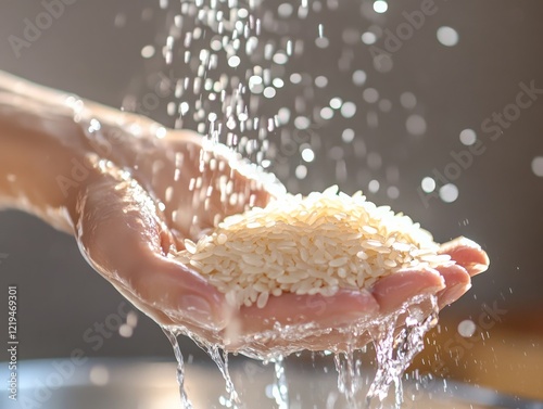 Handful of rice grains being washed under running water. Featuring clean and fresh rice grains. Emphasizing hygiene and preparation in cooking. Ideal for cooking tutorials and health blogs.