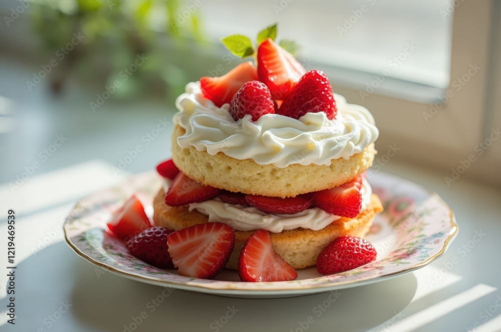 Delicate strawberry shortcake with layers of sponge cake and whipped cream Delicate strawberry shortcake with layers of sponge cake and whipped cream