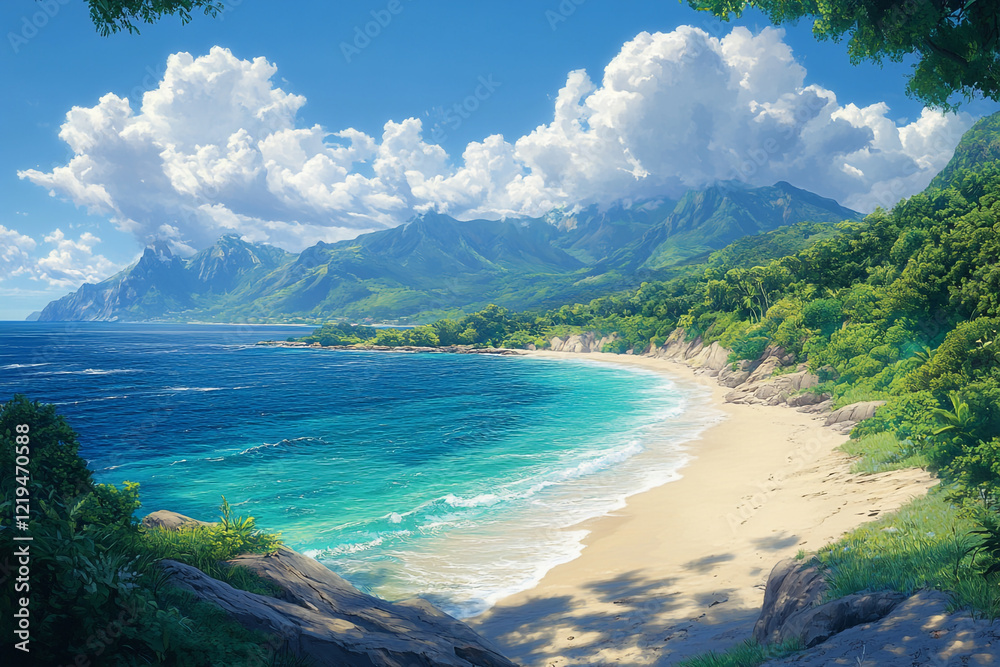 Serene Tropical Beach Scene With Lush Mountains Serene Tropical Beach Scene With Lush Mountains