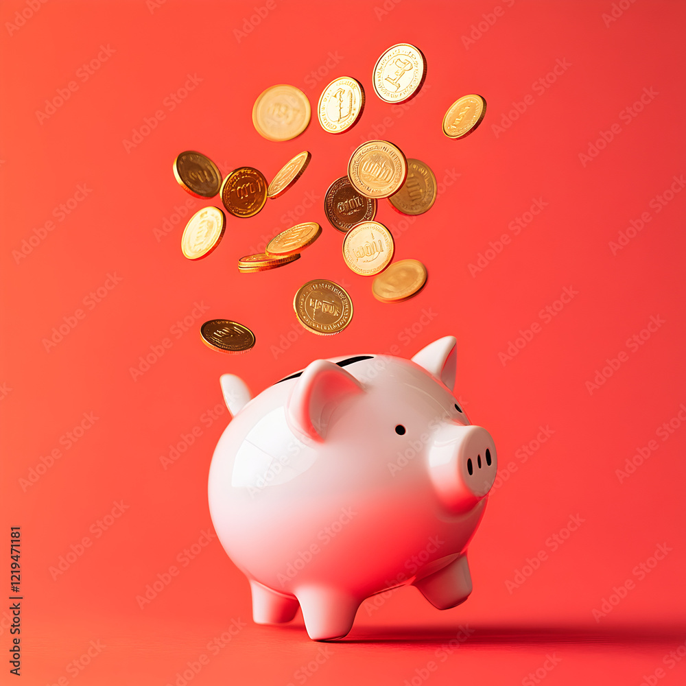Obraz premium White ceramic piggy bank with golden coins dropping in, symbolizing saving money, investment, and financial security concepts against a vibrant coral background