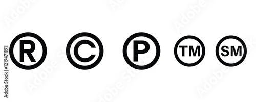 Copyright and registered symbol, public domain, trademark, service mark silhouette icons vector isolated on white background.
