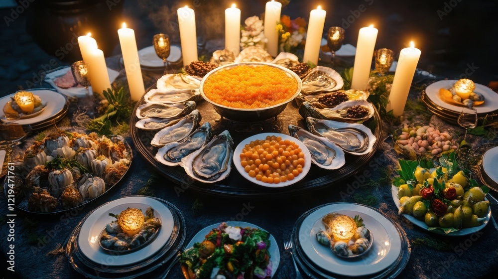 Naklejka premium a decadent dinner setup with a hundred gourmet dishes, featuring sparkling caviar
