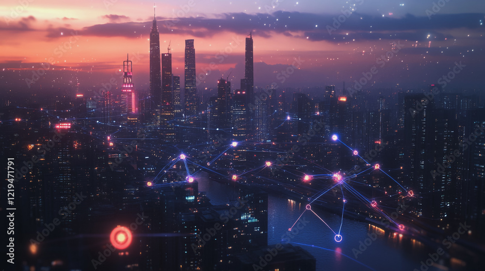 Fototapeta premium Smart digital Innovation city with connection network reciprocity over the twilight cityscape. of future smart wireless digital city and social media networking systems that connects people with city