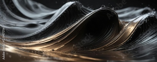 Dynamic abstract wave forms with metallic sheen in dark and light colors bursting out of a surface, dynamic, shimmering, kinetic energy photo