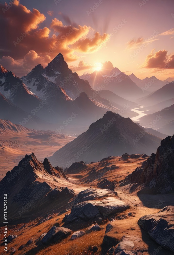 Fototapeta premium Dramatic mountain landscape at sunset with clouds, dolomites, sky