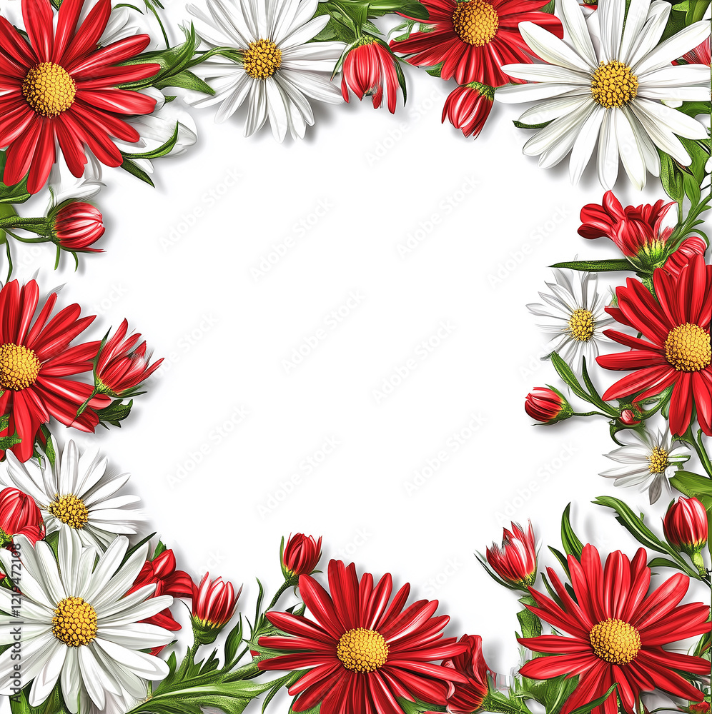 Fototapeta premium Art featuring a frame made of bright red and white Aster flowers, wrapping around the edges, set on a white background