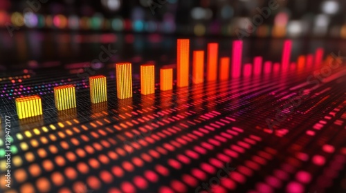 Rising data bars, city night, digital growth, tech