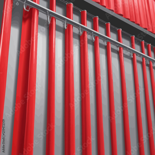 Close-up texture of industrial warehouse plastic PVC red curtain hanging indoors. Background for banner, vector illustration. Background or texture for 3D mapping.