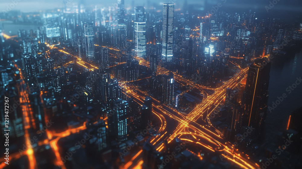 Fototapeta premium Smart digital Innovation city with connection network reciprocity over the twilight cityscape. of future smart wireless digital city and social media networking systems that connects people with city 