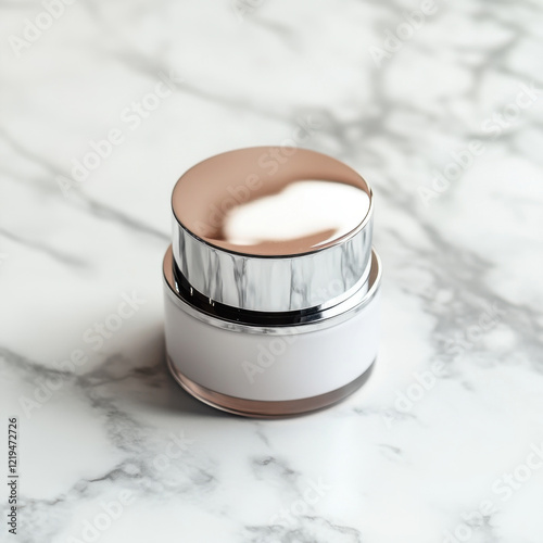 High end anti aging cream jar with silver lid on marble surface, showcasing elegance and luxury. Perfect for skincare enthusiasts seeking premium products photo