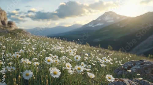 A field of camomile flowers blooms on a mountain, showcasing the beauty of nature. photo