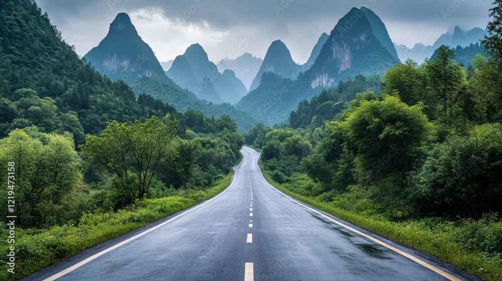 Fototapeta premium A road paved with asphalt cuts through a verdant forest, with towering mountains in the distance. This picturesque scene is found in Hangzhou, China.