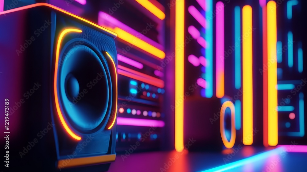 Fototapeta premium Vibrant audio equipment with glowing neon light in a modern music studio setting