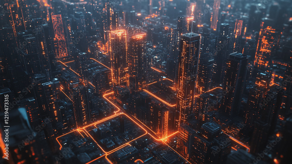 Fototapeta premium Smart digital Innovation city with connection network reciprocity over the twilight cityscape. of future smart wireless digital city and social media networking systems that connects people with city 