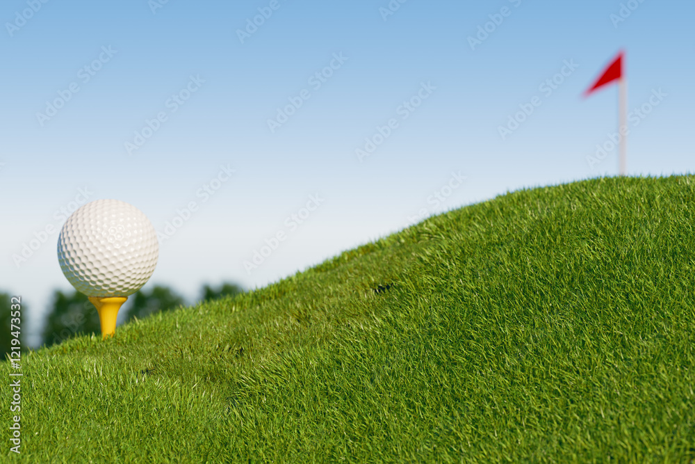 Obraz premium Golf ball on a tee with a flag in the background, set against a clear blue sky. 3d rendering
