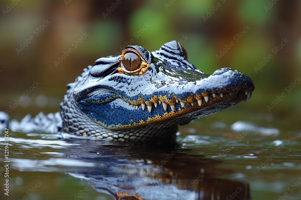 Fototapeta premium Young Spectacled Caiman Emerging From Water