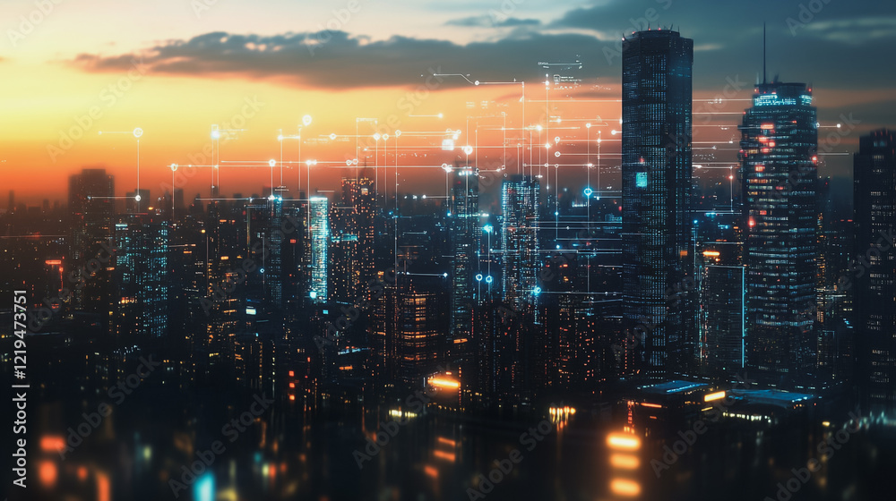 Obraz premium Smart digital Innovation city with connection network reciprocity over the twilight cityscape. of future smart wireless digital city and social media networking systems that connects people with city 