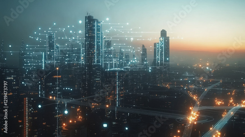 Wallpaper Mural Smart digital Innovation city with connection network reciprocity over the twilight cityscape. of future smart wireless digital city and social media networking systems that connects people with city
 Torontodigital.ca