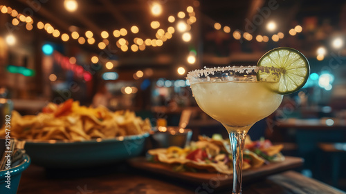 Margarita with Mexican dishes and string lights in a vibrant restaurant.