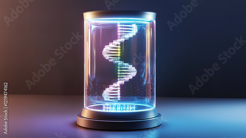 Photorealistic holographic interface showing a DNA strand, glowing laser beams illuminating the sequence, sharp futuristic lab