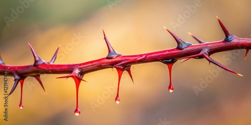 crimson drips from the tip of a twisted, thorn-like branch, overgrown, eerie, plant, gnarled photo