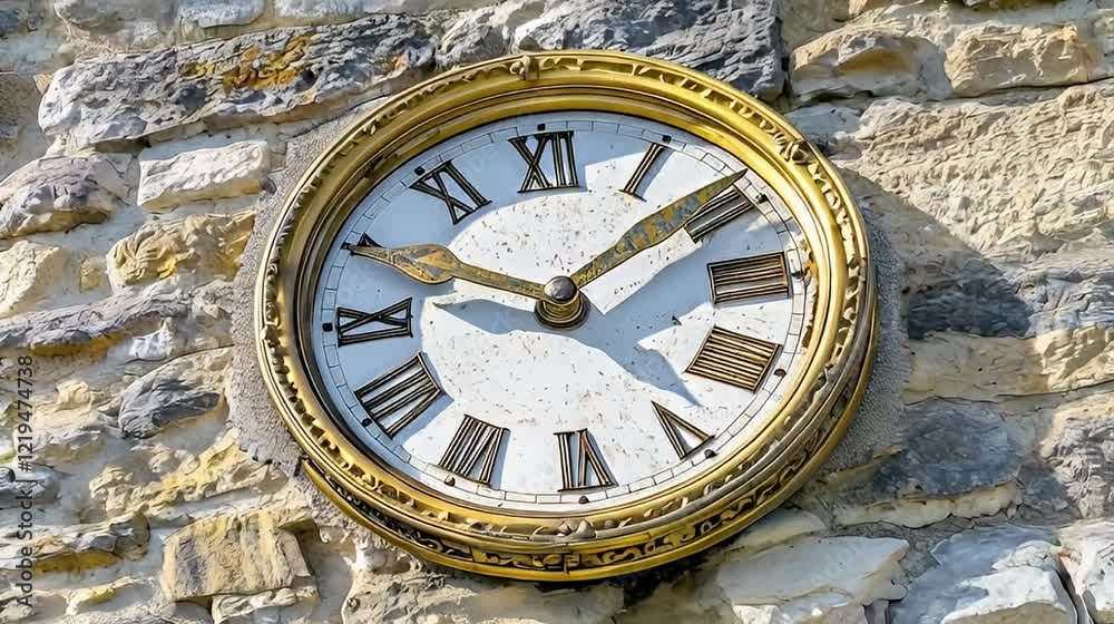 Antique clock, stone wall, sunny day, time, history Antique clock, stone wall, sunny day, time, history