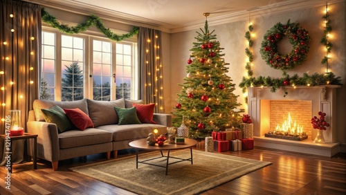 Cozy living room with a Christmas tree and festive decorations  Christmas tree  fireplace  soft cushions  cozy living room  holiday decorations