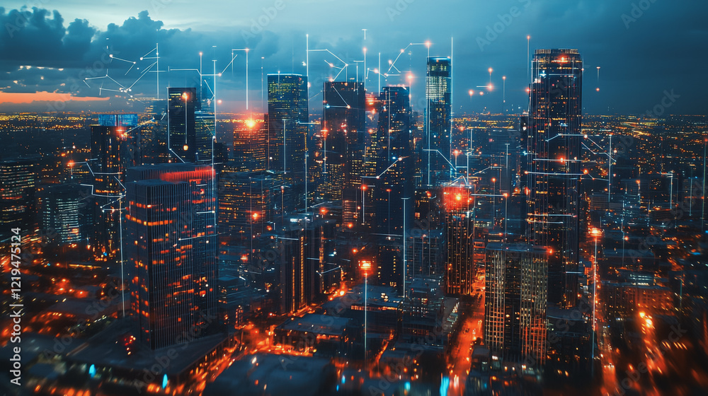 Fototapeta premium Smart digital Innovation city with connection network reciprocity over the twilight cityscape. of future smart wireless digital city and social media networking systems that connects people with city 