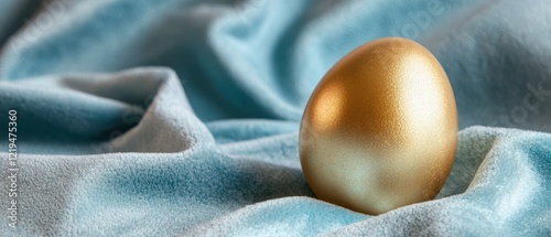 A shiny golden egg rests elegantly on a vibrant blue cloth, symbolizing Easter's themes of renewal and hope.