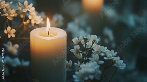 Lit candle, white flowers, dark background; remembrance, sympathy