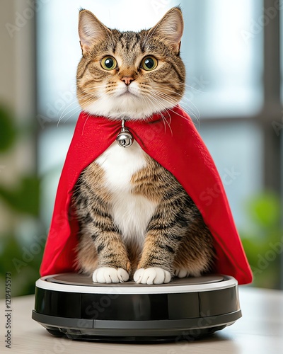 A cat sitting on a Roomba wearing a superhero cape, sharp-edged and fun, playful style