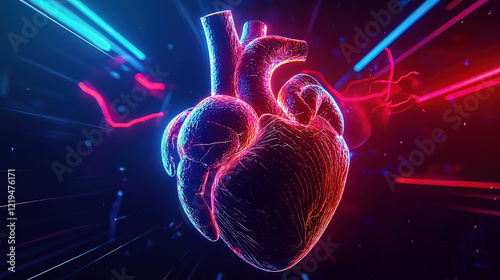 Photorealistic holographic medical display of a 3D heart, rotating mid-air, glowing red and blue neon beams