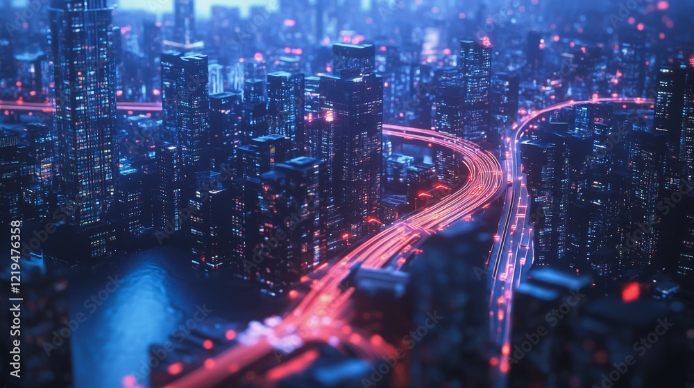 Obraz premium Smart digital Innovation city with connection network reciprocity over the twilight cityscape. of future smart wireless digital city and social media networking systems that connects people with city 
