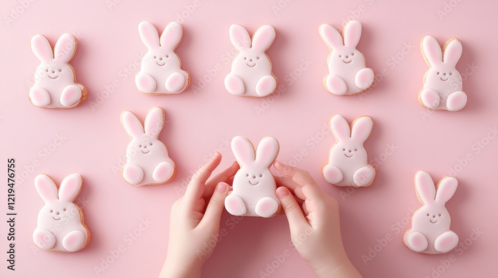 Obraz premium A person holds a cute white bunny cookie against a vibrant pink backdrop, capturing the essence of Easter festivities.