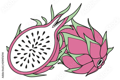 Dragon fruit, vibrant pink and green, tropical exotic fruit, cross-section, white flesh with black seeds, stylized illustration, minimalist design, bold colors, clean lines, graphic art style, botanic