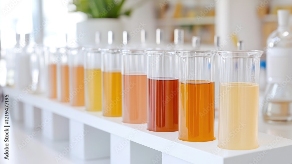 Variety of natural liquid samples in test tubes for beverage analysis in laboratory setting Variety of natural liquid samples in test tubes for beverage analysis in laboratory setting