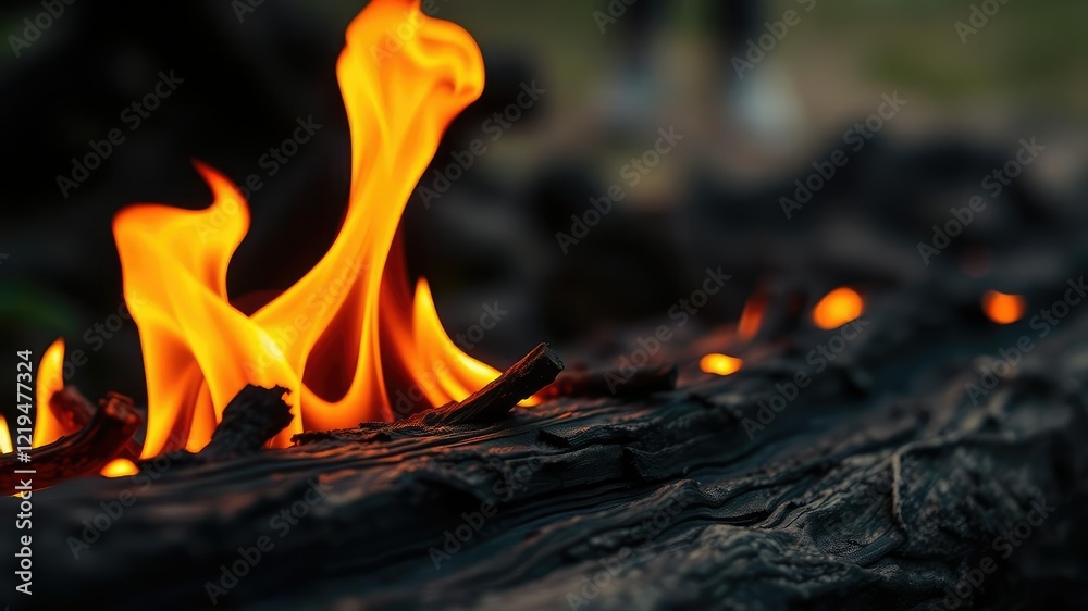 Fiery tongues of flame lick at the edges of burning wood, fire, firewood, wildfire Fiery tongues of flame lick at the edges of burning wood, fire, firewood, wildfire