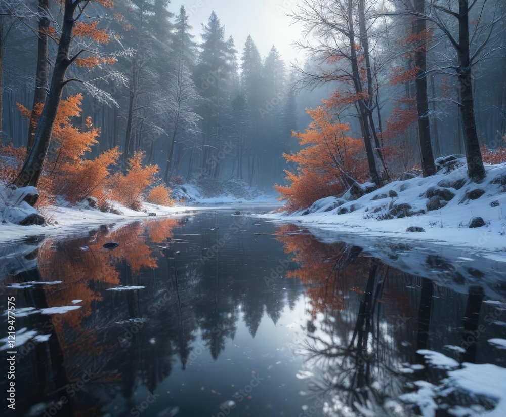 Naklejka premium Falling snowflakes covering a frozen pond in the middle of a forest, frozen water, icy lake