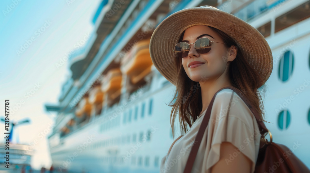 Fototapeta premium Woman wearing a straw hat and sunglasses stands in front of a cruise ship