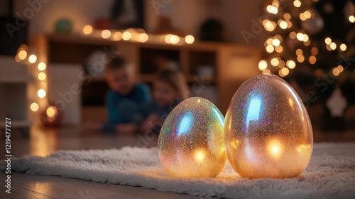 Three shiny Easter eggs rest on a soft white rug, adding a festive touch to the spring atmosphere. photo