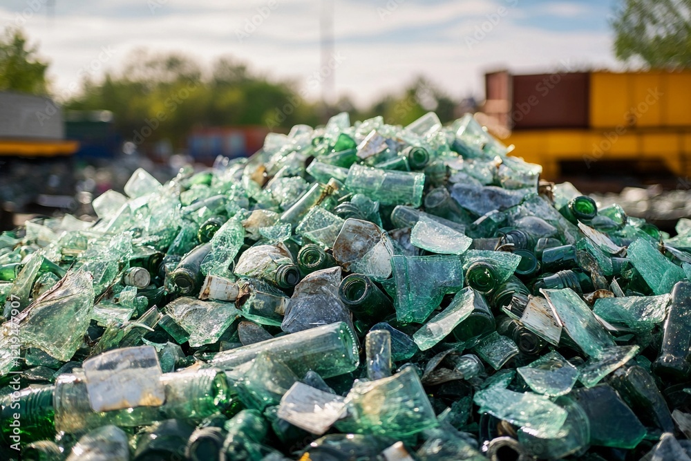 Pile of crushed green glass bottles at recycling facility on a sunny day. Generative AI Pile of crushed green glass bottles at recycling facility on a sunny day. Generative AI