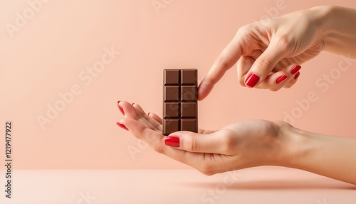 Two hands with red nails holding a bar of chocolate against a pink background photo