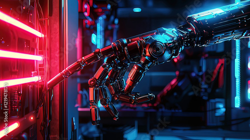 Photorealistic holographic projection of a 3D robot arm, glowing neon beams illuminating mechanical parts